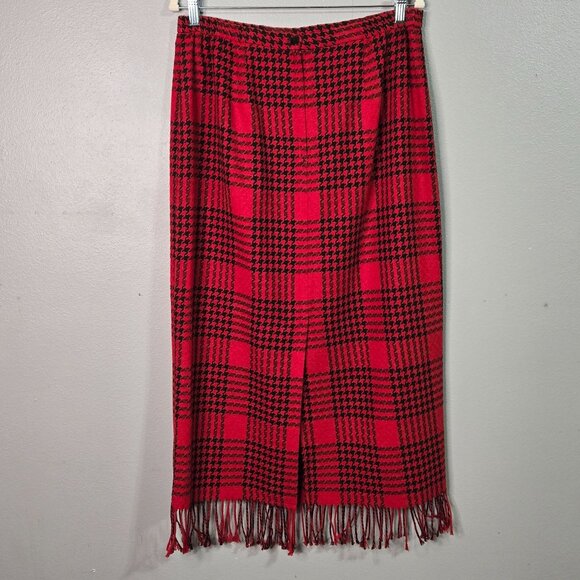 Vintage Red & Black Plaid Wool Blend Maxi Skirt Fringe Hem Preppy Librarian Offi - Picture 4 of 10